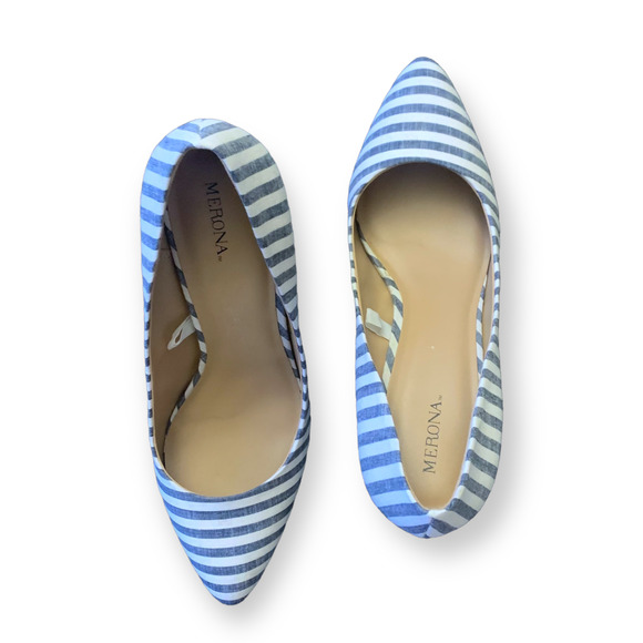 MERONA Pointed Toe Striped Heels Stiletto Pumps Casual Career Cocktail Blue 10 - Picture 3 of 8